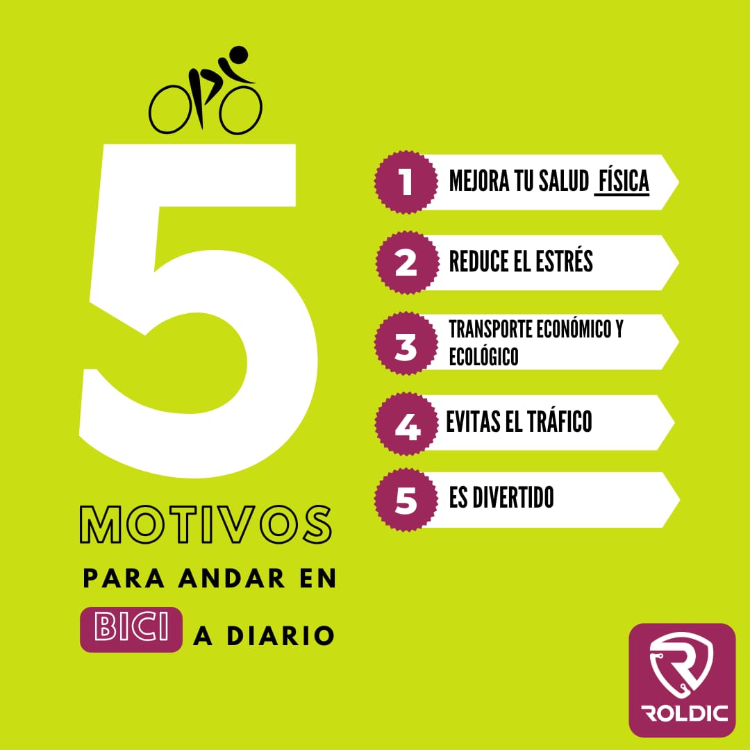 Infografía verde lima de Roldic con cinco motivos para andar en bicicleta a diario