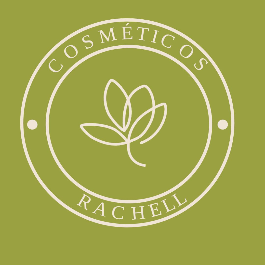 Emblema circular de Cosméticos Rachell con un símbolo botánico blanco sobre verde oliva