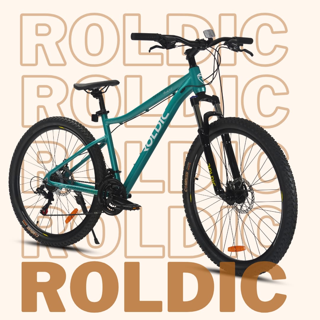 Bicicleta de montaña turquesa sobre un fondo tipográfico beige de Roldic
