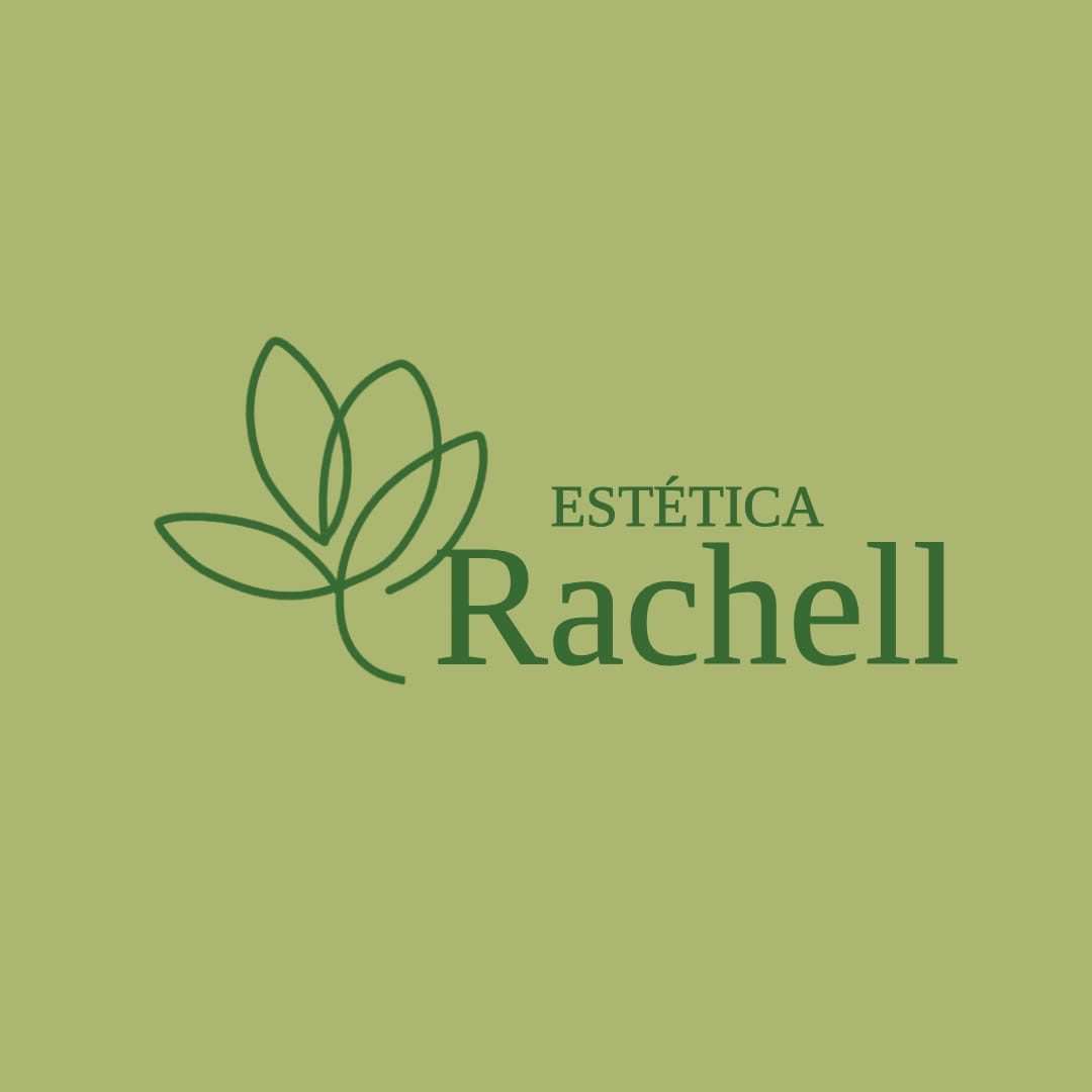 Logotipo horizontal de Estética Rachell con un símbolo botánico verde