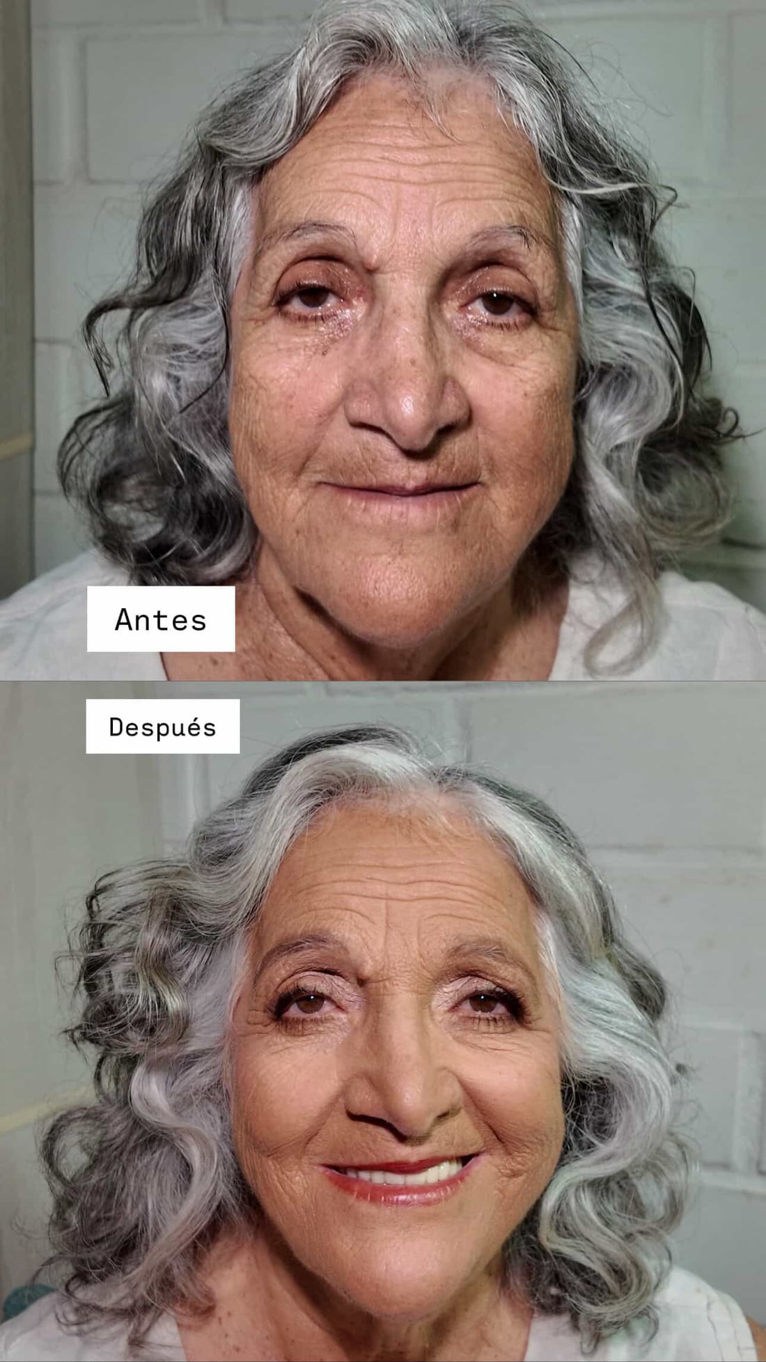 Retratos de antes y después que muestran el maquillaje de evento de una mujer de cabello canoso