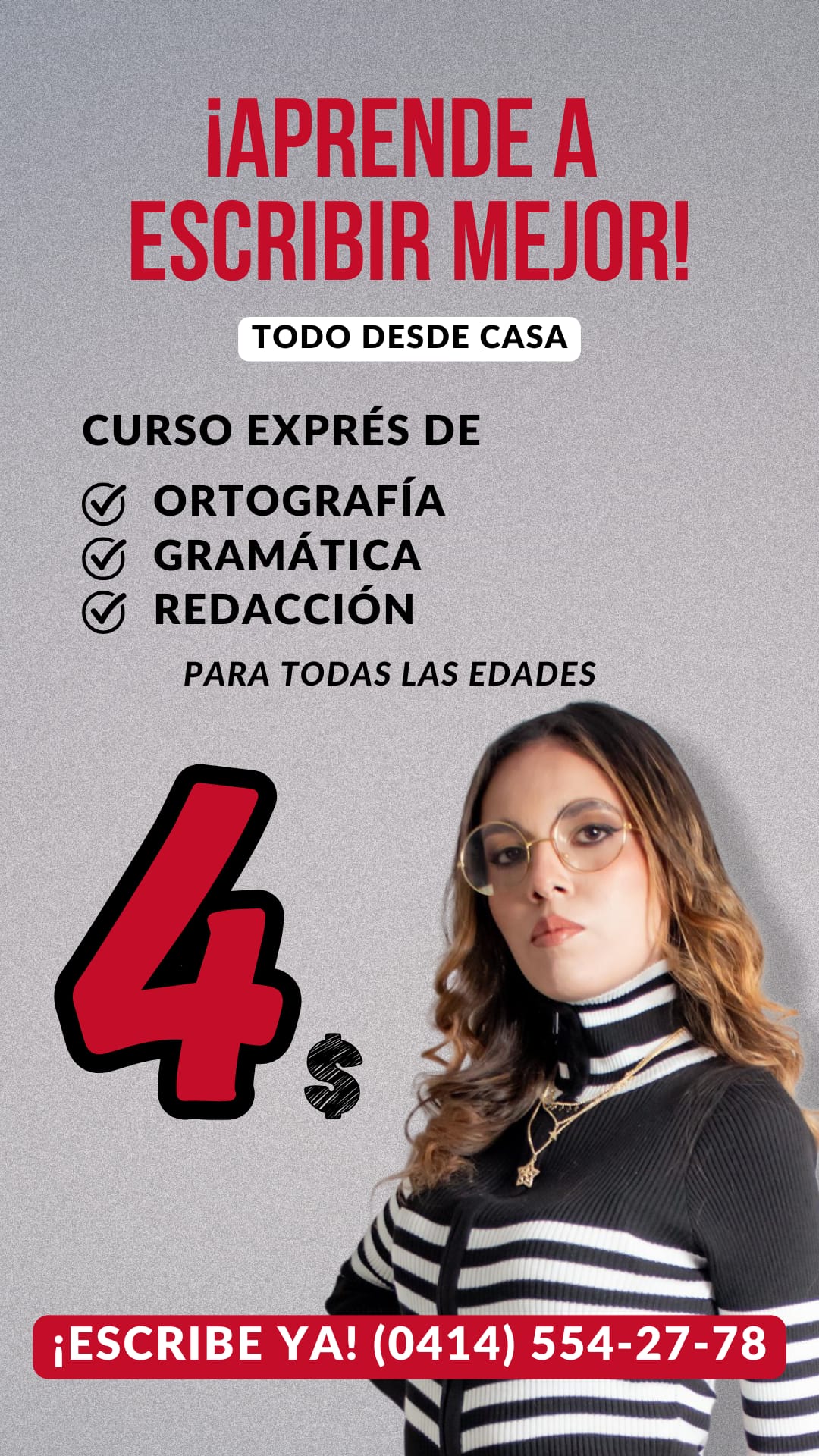 Anuncio rojo, negro y blanco de un curso exprés de ortografía