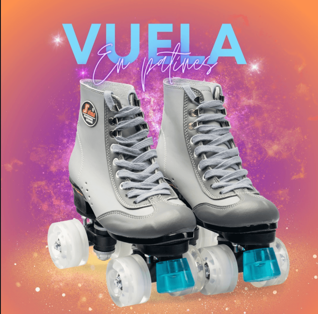 Gráfica colorida de Roldic que promociona un par de patines retro